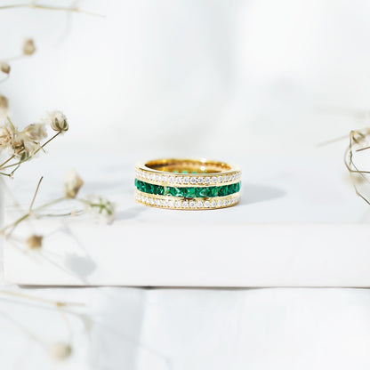 Certified Lab Grown Emerald 3 Row Eternity Wedding Band