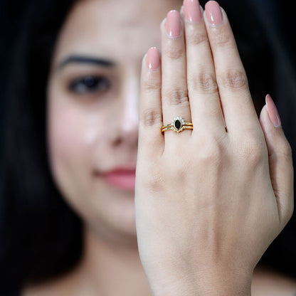 Genuine Black Onyx and Diamond Promise Ring Set in Yellow Gold Plated Silver