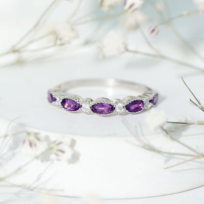 Real Marquise Cut Amethyst Eternity Anniversary Ring in Silver
