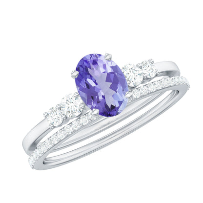 Natural 0.9 Carat Tanzanite and Diamond Oval Engagement Ring with Wedding Band