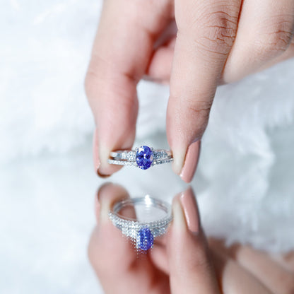 Natural 0.9 Carat Tanzanite and Diamond Oval Engagement Ring with Wedding Band