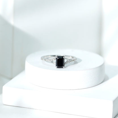 8X10MM Emerald Cut Lab Created Black Diamond Engagement Ring