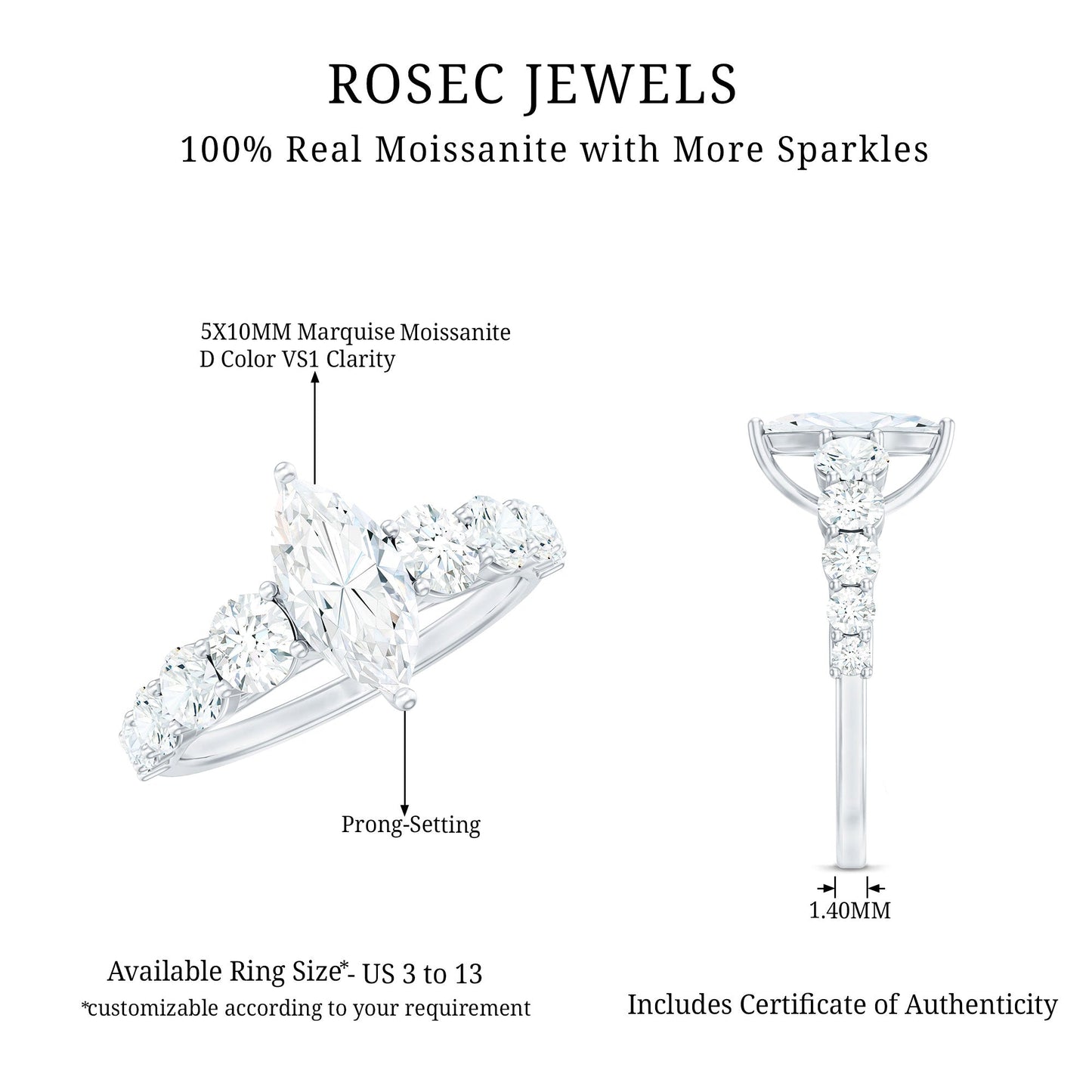 Marquise Cut Moissanite Engagement Ring with Side Stones