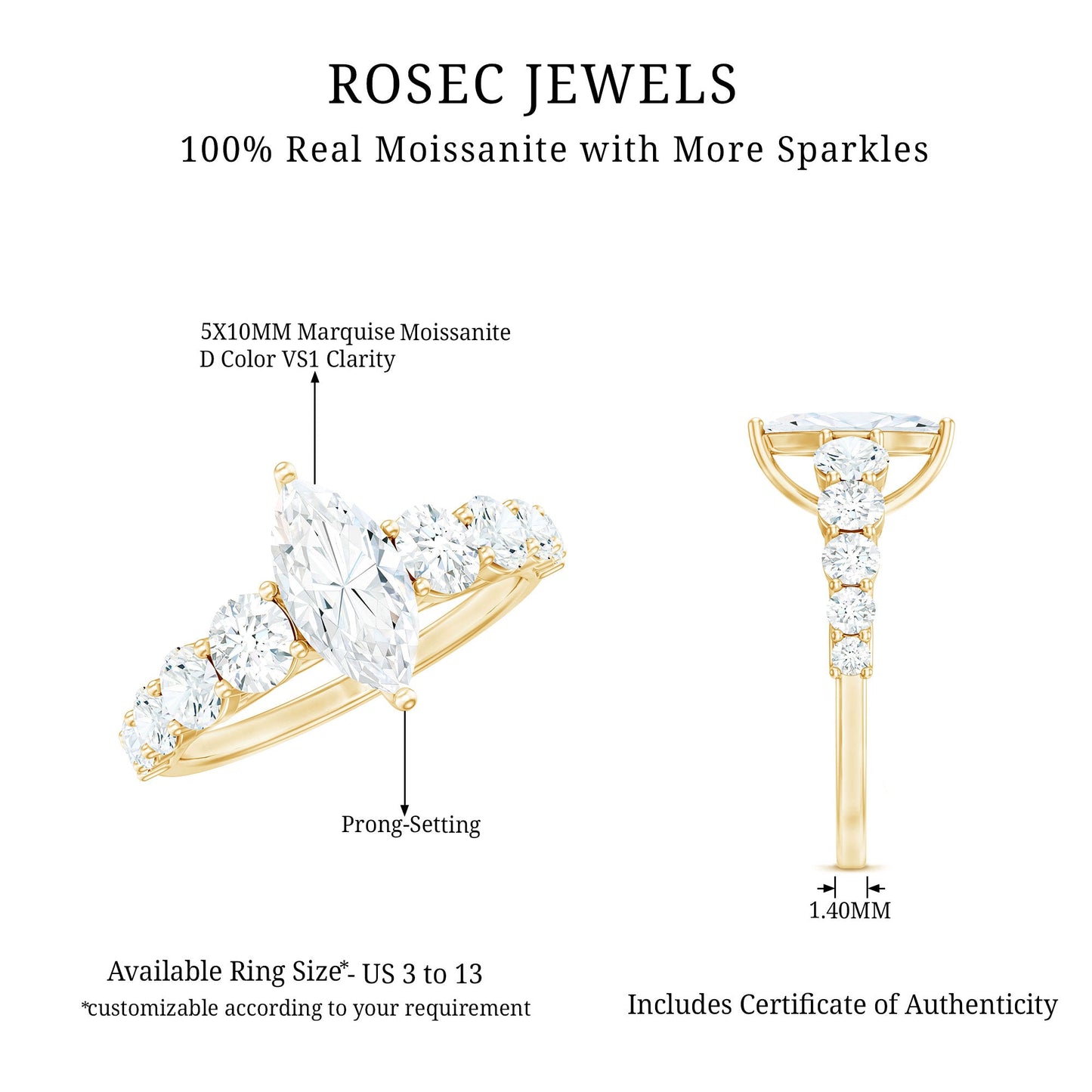Marquise Cut Moissanite Engagement Ring with Side Stones