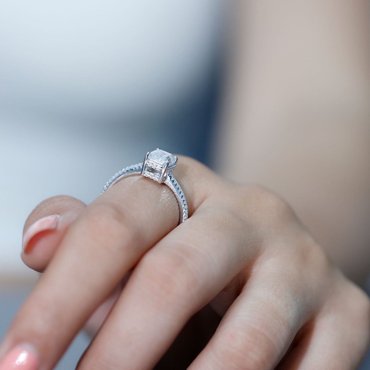 Certified 6X8 MM Moissanite Emerald Cut Engagement Ring