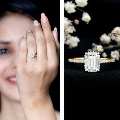 Certified 6X8 MM Moissanite Emerald Cut Engagement Ring