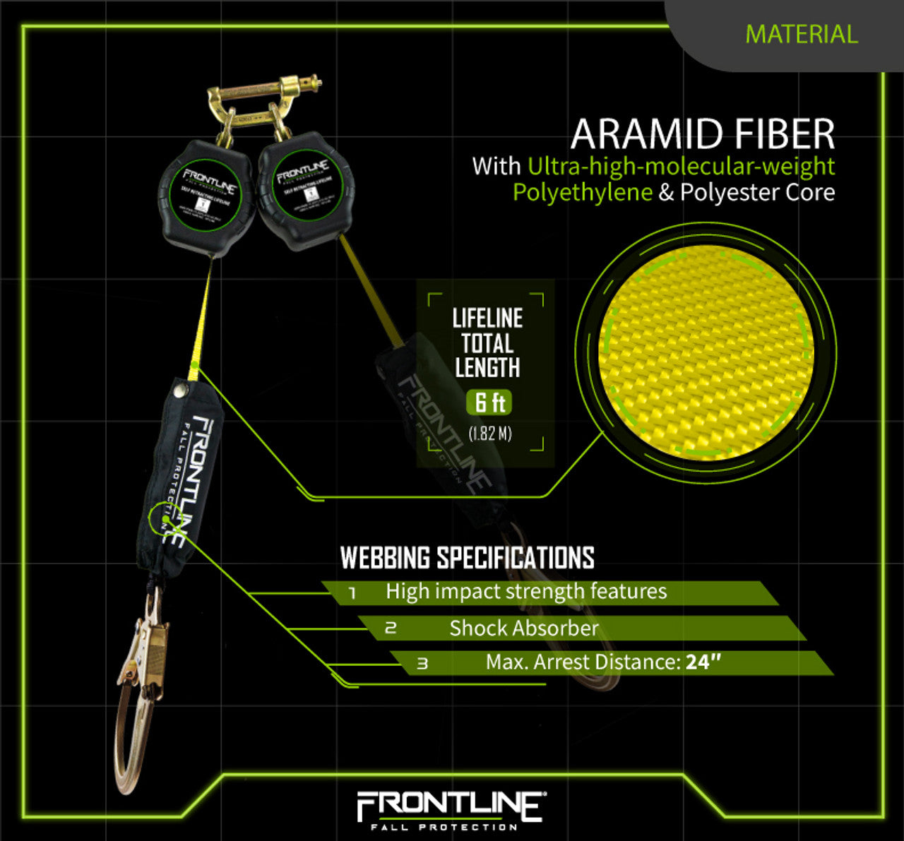 Frontline RPA062R Aramid Fiber Web Twin Leg 6' SRL with Steel Rebar Hook Ends VM Hardware