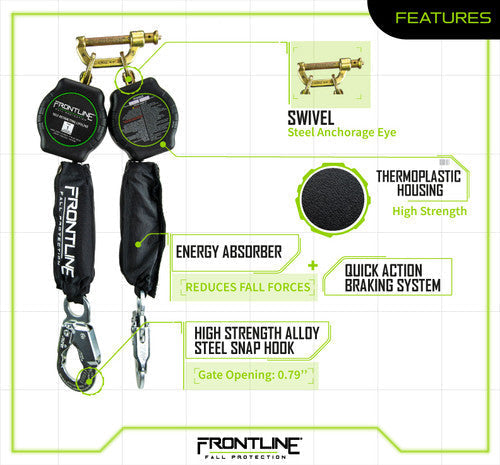Frontline RPA062S Aramid Twin Fiber Web Single Leg 6' SRL with Steel Snap Hook Ends VM Hardware