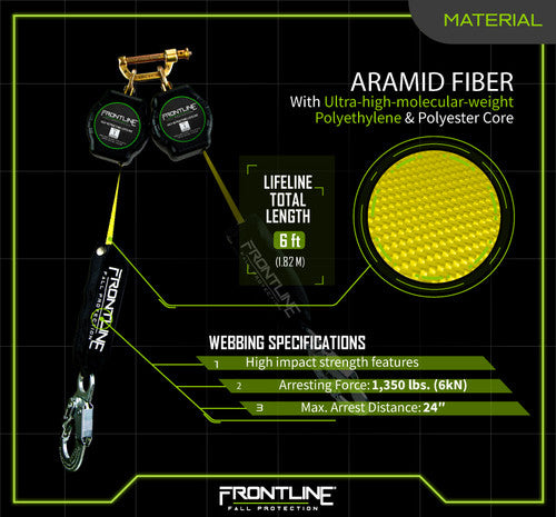 Frontline RPA062S Aramid Twin Fiber Web Single Leg 6' SRL with Steel Snap Hook Ends VM Hardware