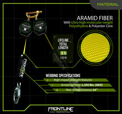 Frontline RPA062S Aramid Twin Fiber Web Single Leg 6' SRL with Steel Snap Hook Ends VM Hardware