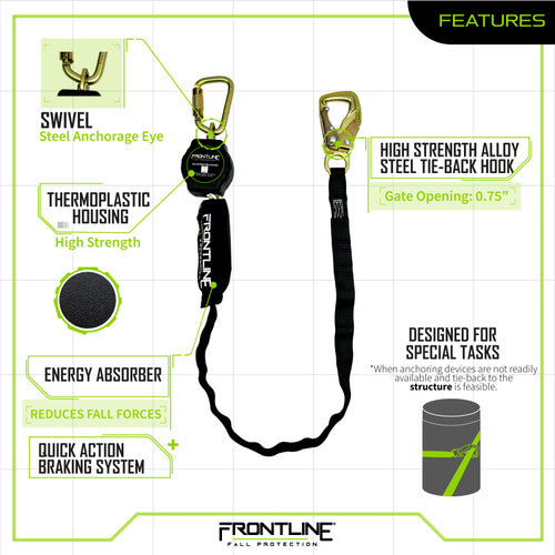 Frontline RPA091TB Tie Back Single Leg Web 9' SRL with Tie Back Hook End VM Hardware