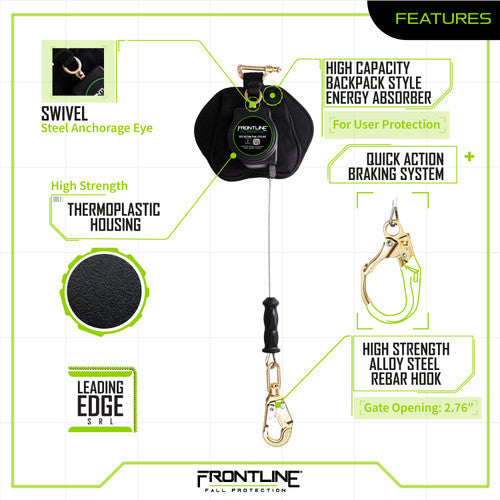 Frontline RPG081RLE Leading Edge Cable Single Leg 8' SRL with Steel Rebar Hook End VM Hardware