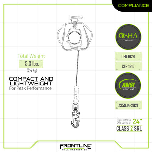 Frontline RPG081SLE Leading Edge Cable Single Leg 8' SRL with Steel Snap Hook End VM Hardware