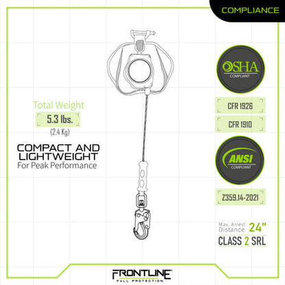 Frontline RPG081SLE Leading Edge Cable Single Leg 8' SRL with Steel Snap Hook End VM Hardware