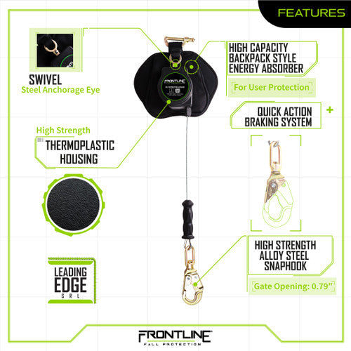 Frontline RPG081SLE Leading Edge Cable Single Leg 8' SRL with Steel Snap Hook End VM Hardware