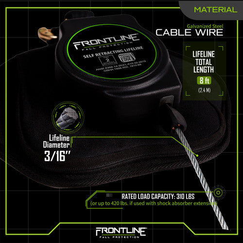 Frontline RPG081SLE Leading Edge Cable Single Leg 8' SRL with Steel Snap Hook End VM Hardware