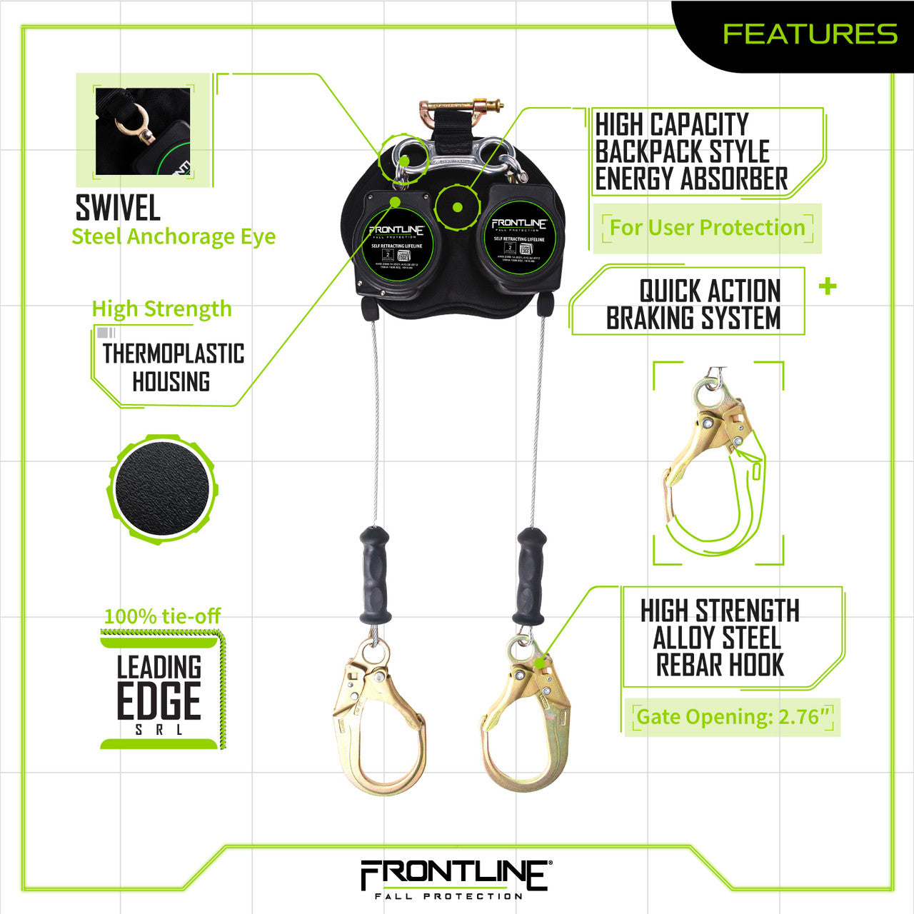 Frontline RPG082RLE Leading Edge Cable Twin Leg 8' SRL with Steel Rebar Hook Ends VM Hardware