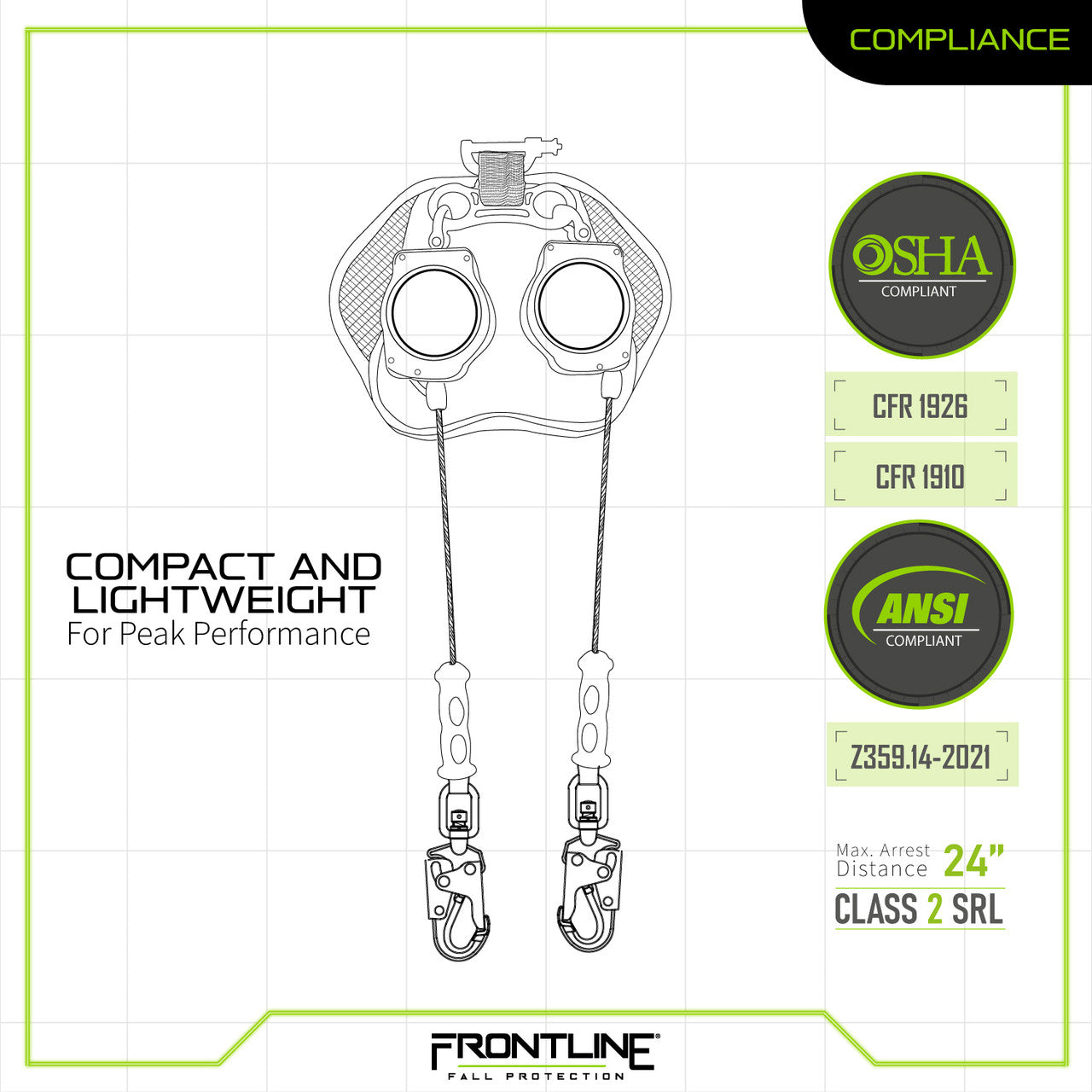 Frontline RPG082SLE Leading Edge Cable Twin Leg 8' SRL with Steel Snap Hook Ends VM Hardware