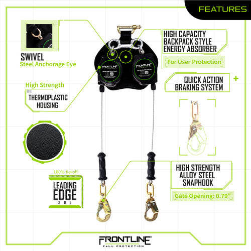Frontline RPG082SLE Leading Edge Cable Twin Leg 8' SRL with Steel Snap Hook Ends VM Hardware