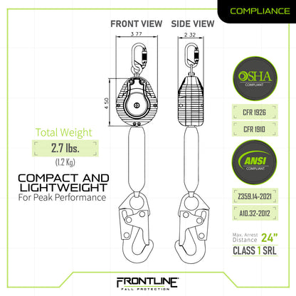 Frontline RPW061S Web Single Leg 6' SRL with Steel Snap Hook End VM Hardware