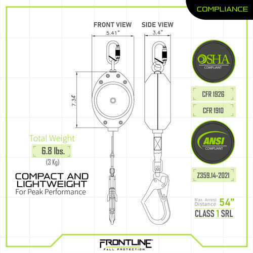 Frontline RPW20R Web Single Leg 20' SRL with Steel Rebar Hook End VM Hardware