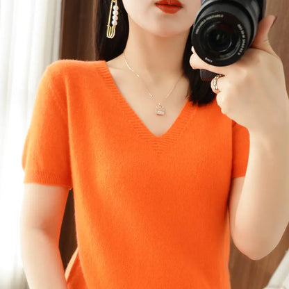Women's V-Neck Short Sleeve Knit Sweater