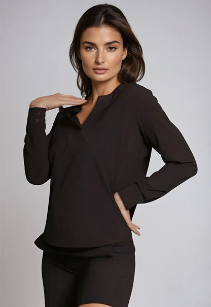 Resort Vee Long Sleeve Popover Shirt - Black Buki