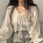 Retro Short Knitted Smock Tie Lantern Sleeve Short