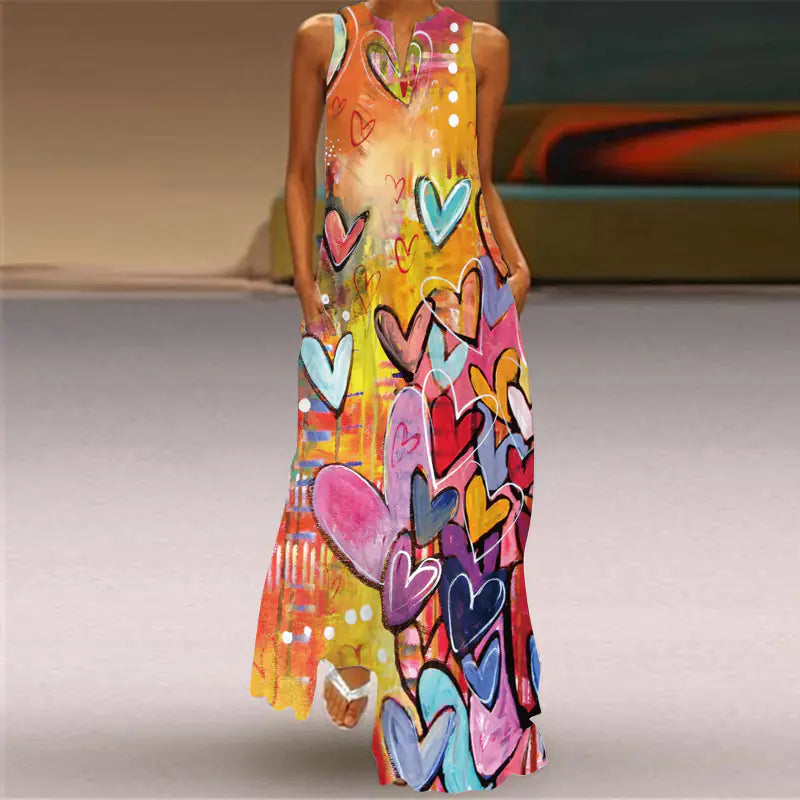 Summer Vintage Print Maxi Dress with V-Neck