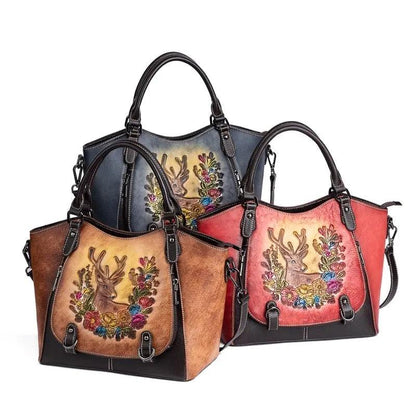 Vintage Deerskin Leather Handbag with Deer and Flower Artwork Country in My Heart