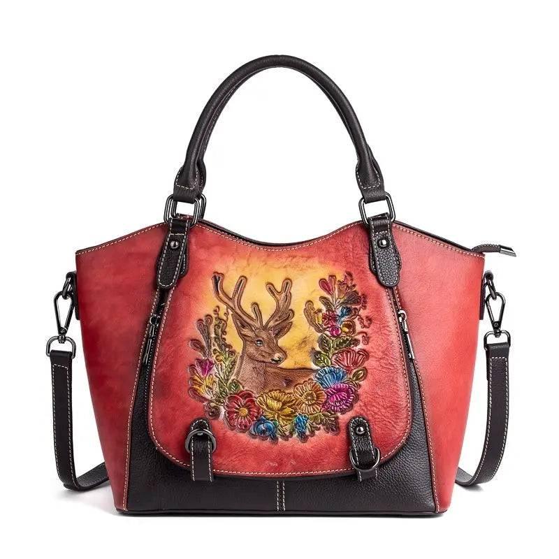 Vintage Deerskin Leather Handbag with Deer and Flower Artwork Country in My Heart
