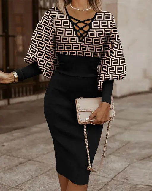 Elegant Women's V-Neck Long Sleeve Pencil Dress