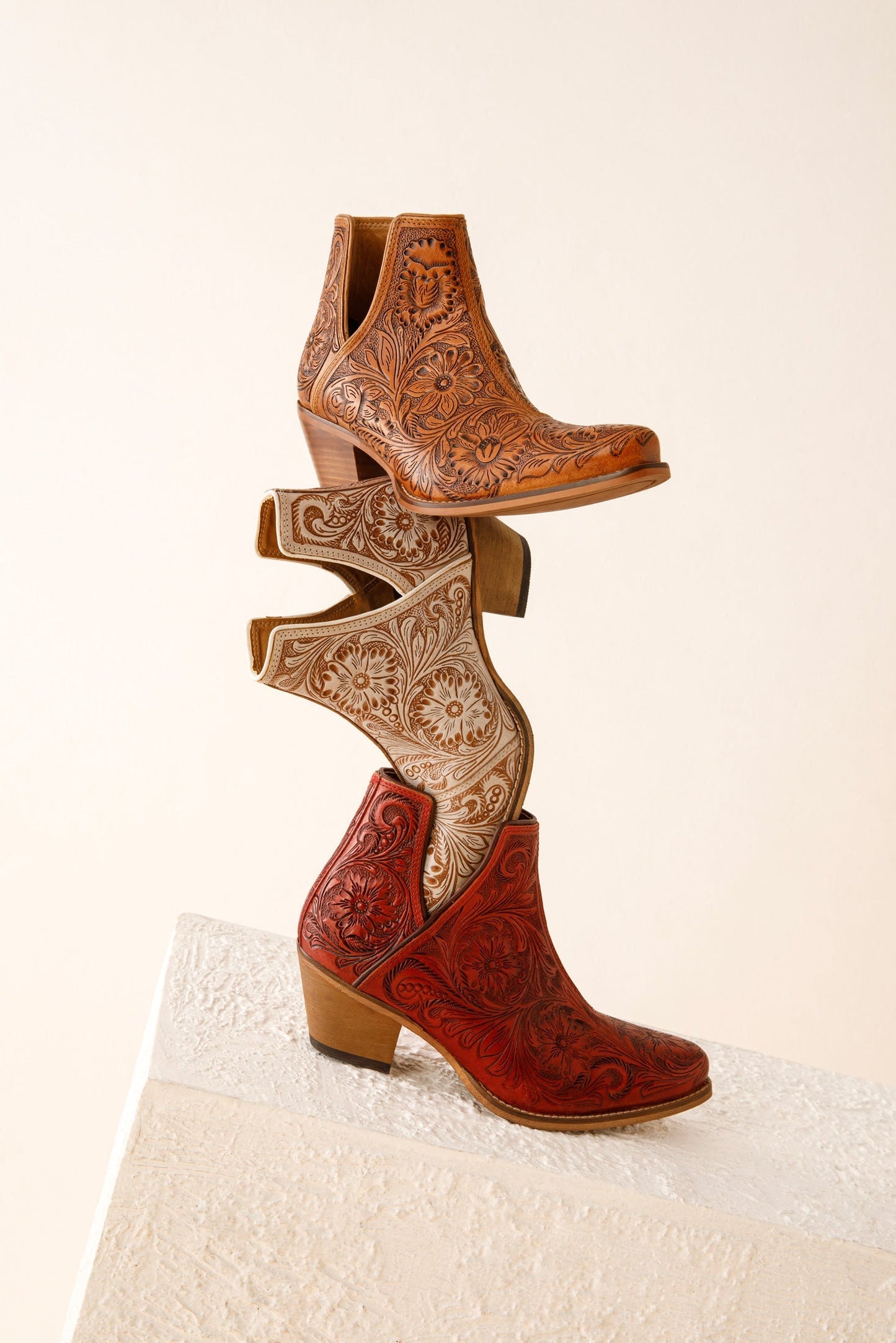 Western Moxie Hand-tooled Booties in White Chocolate Myra USA
