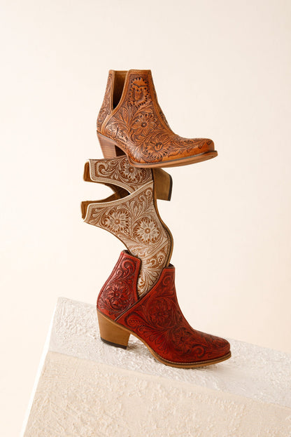 Western Moxie Hand-tooled Booties in White Chocolate Myra USA