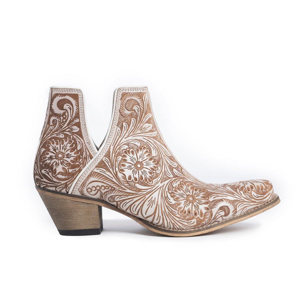 Western Moxie Hand-tooled Booties in White Chocolate Myra USA
