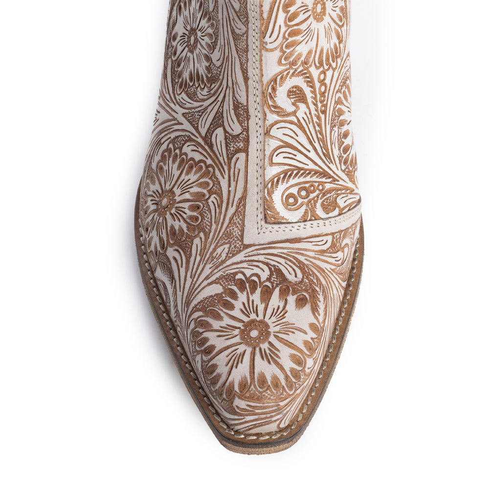 Western Moxie Hand-tooled Booties in White Chocolate Myra USA