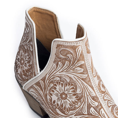 Western Moxie Hand-tooled Booties in White Chocolate Myra USA