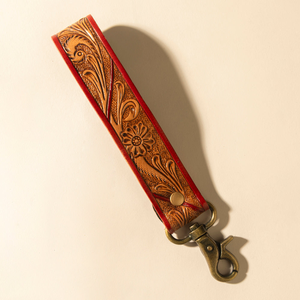 Myra Canyon Pass Handtooled Leather Key Fob in Terracotta Saddle Myra USA