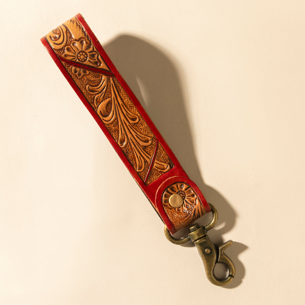 Myra Canyon Pass Handtooled Leather Key Fob in Terracotta Saddle Myra USA