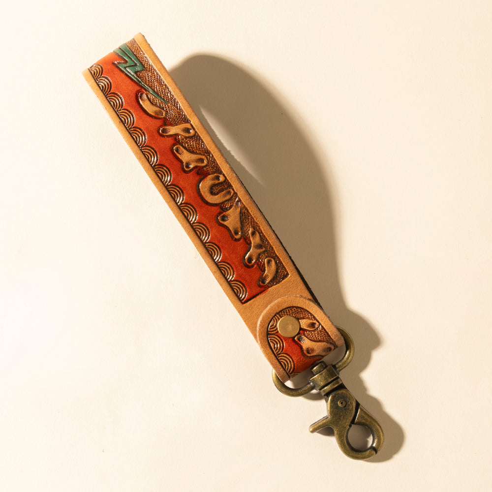 Myra Canyon Pass Handtooled Leather Key Fob in Amber Myra USA
