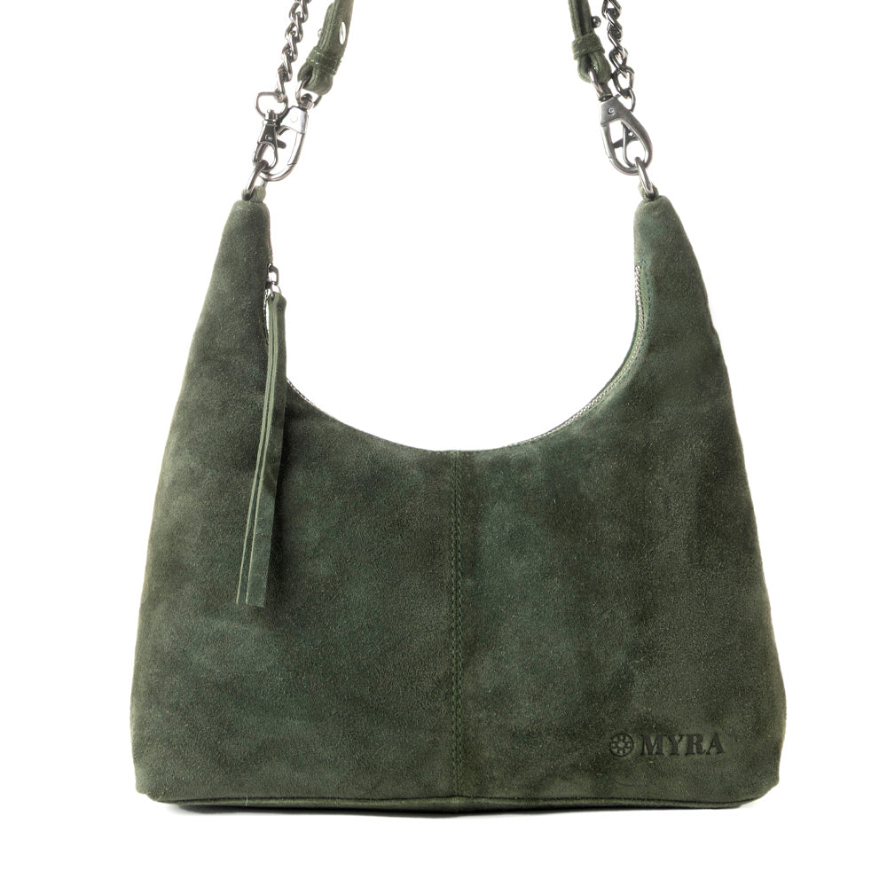 Myra Juniper Trail Genuine Suede Bag for Women in forest green with extra strap Myra USA