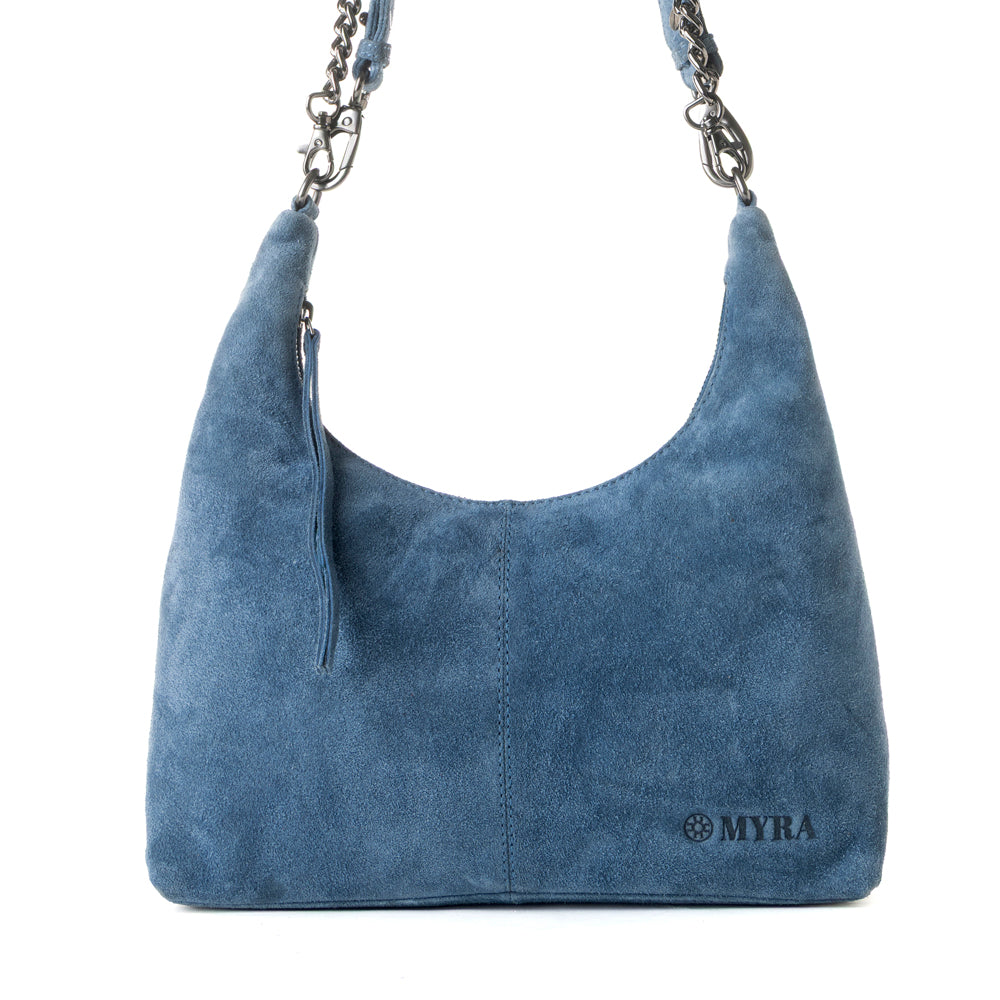 Myra Juniper Trail Genuine Suede Bag for Women in denim blue with extra strap Myra USA