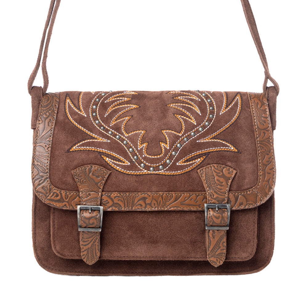 Myra Amberwood Suede Leather Boot Embroidered Leather Bag in Chestnut Brown Myra USA