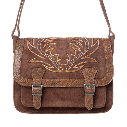 Myra Amberwood Suede Leather Boot Embroidered Leather Bag in Chestnut Brown Myra USA