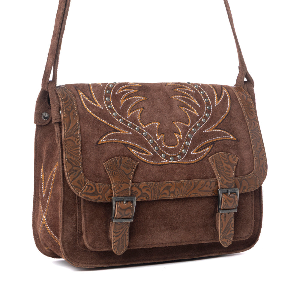Myra Amberwood Suede Leather Boot Embroidered Leather Bag in Chestnut Brown Myra USA