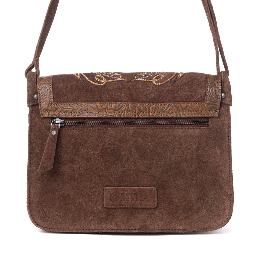 Myra Amberwood Suede Leather Boot Embroidered Leather Bag in Chestnut Brown Myra USA