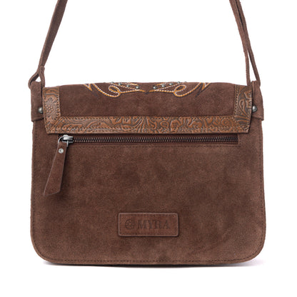 Myra Amberwood Suede Leather Boot Embroidered Leather Bag in Chestnut Brown Myra USA