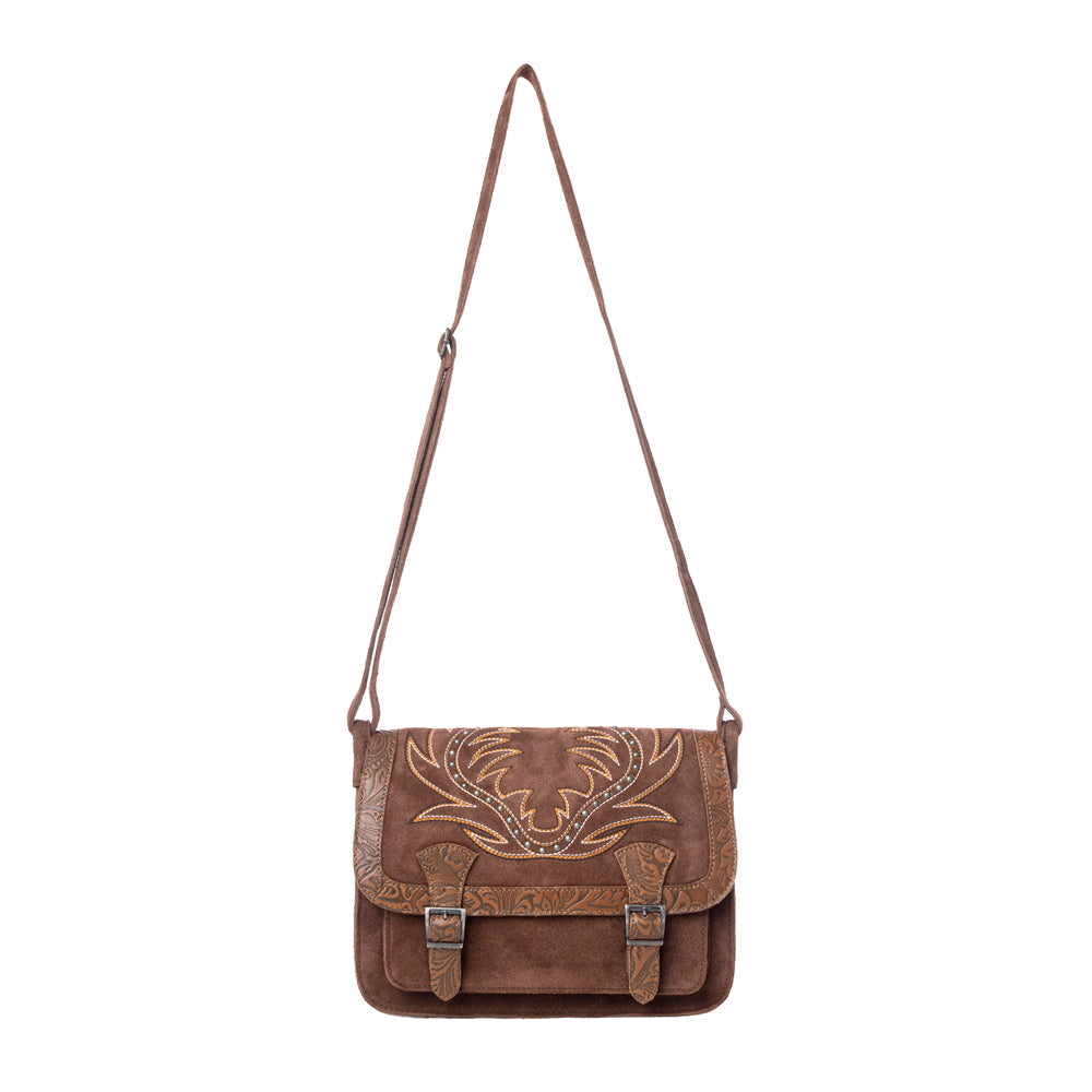 Myra Amberwood Suede Leather Boot Embroidered Leather Bag in Chestnut Brown Myra USA