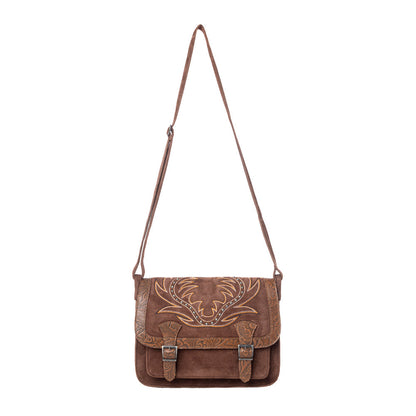 Myra Amberwood Suede Leather Boot Embroidered Leather Bag in Chestnut Brown Myra USA