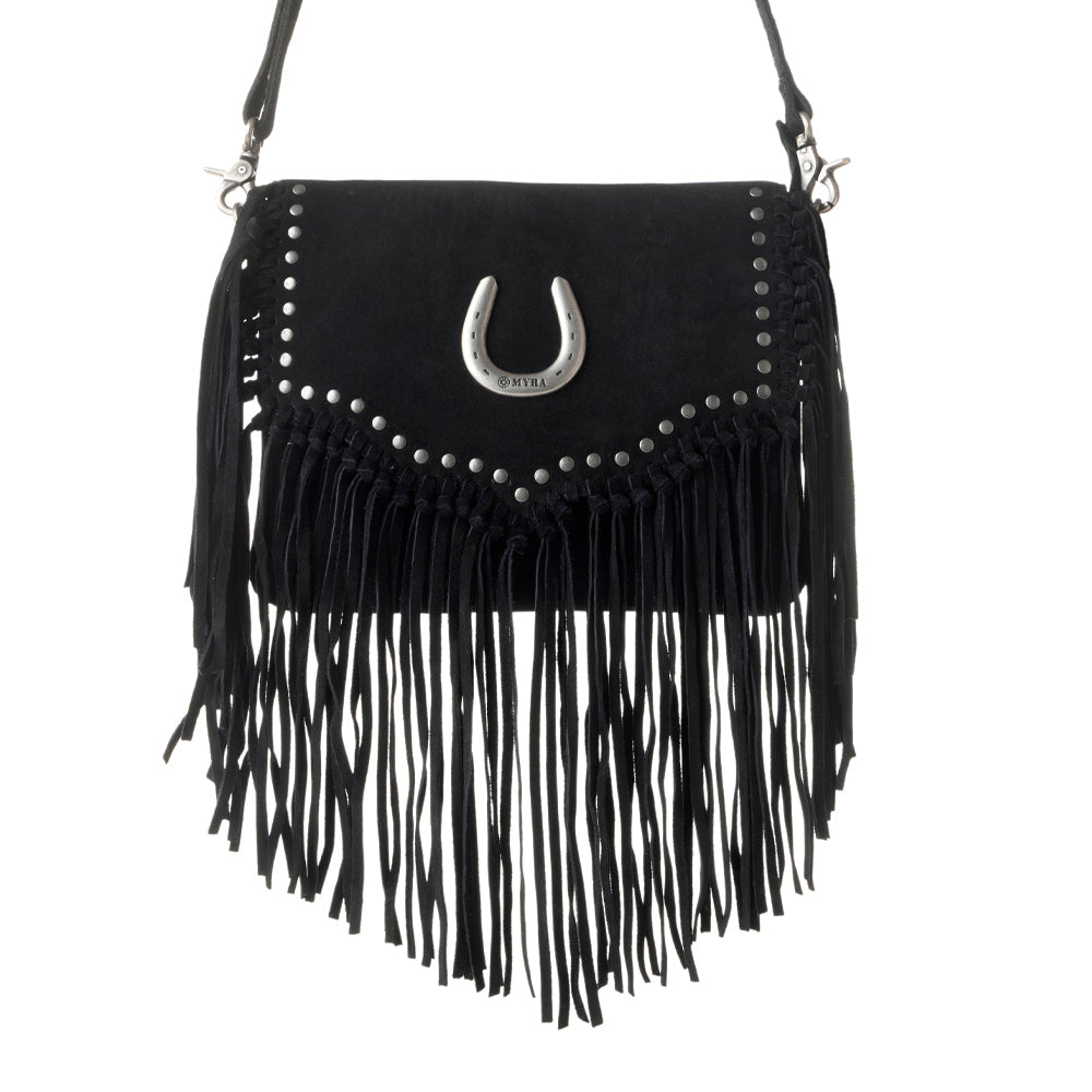 Myra Lucky Charm Leather Bag for Women in black with fringe and horseshoe detail Myra USA